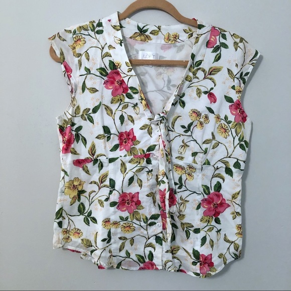 LOFT White Floral Button Up Top Size 8 - Picture 6 of 8